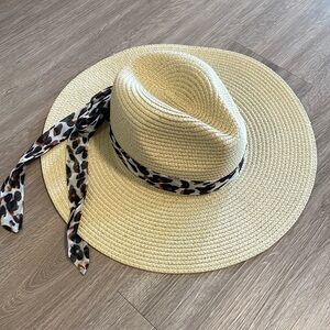 Vince Camuto Women’s Wide Rim Hat Bow Animal Print Scarf Detail